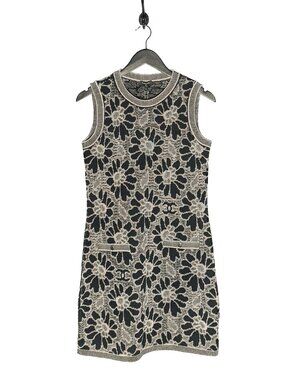 Chanel 2020 Black White Floral CC Knit Sleeveless Dress
